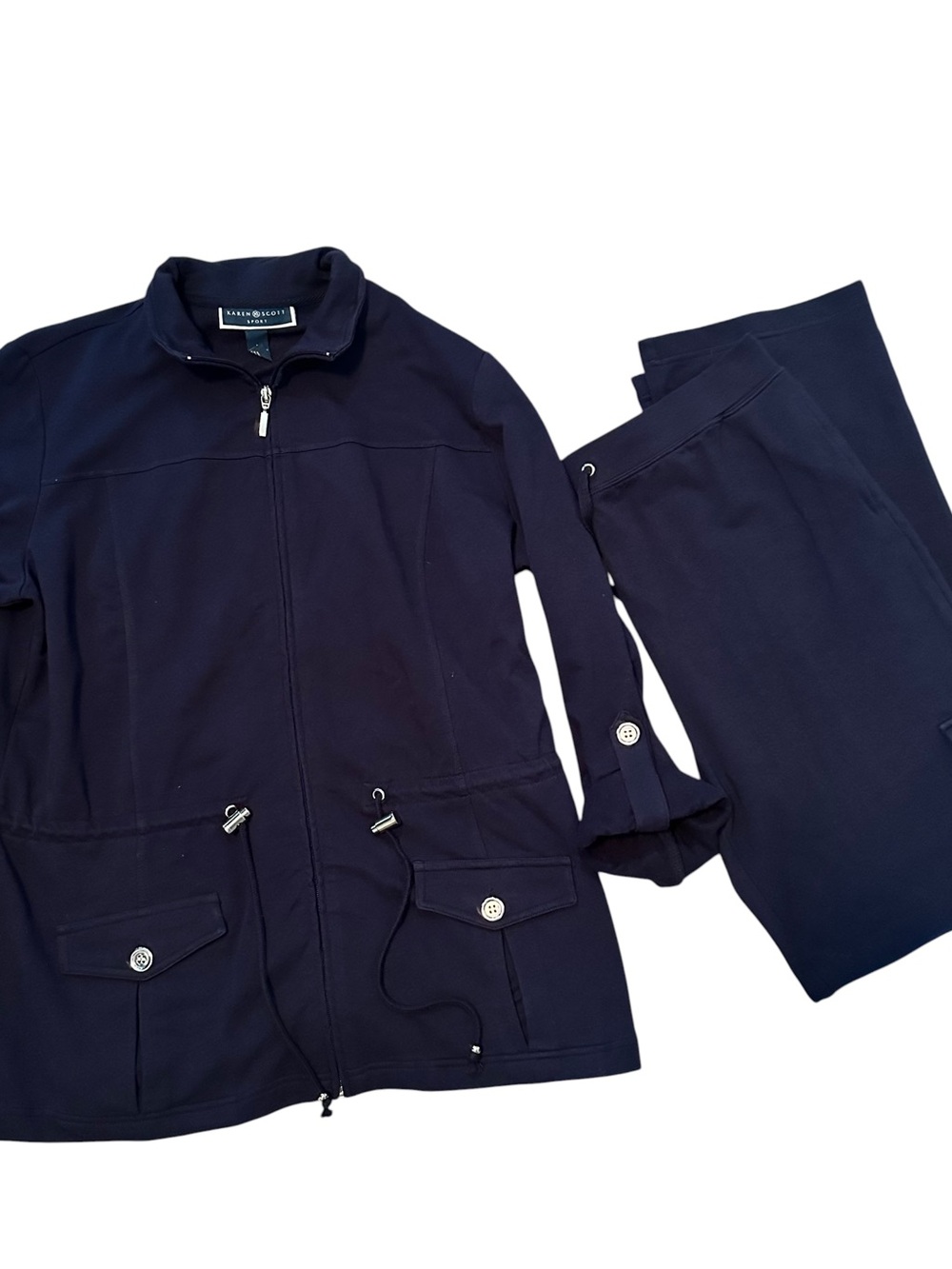 Karen Scott Navy Zip-Front Jacket and Pants Set